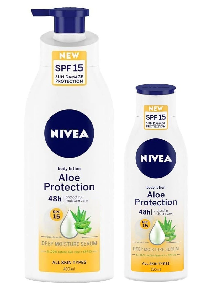 Nivea Aloe Protection Spf 15, Summer Body Lotions For Men And Women For All Skin Type 400ml&Nivea Body Lotion, Aloe Protection Spf 15, Summer Body Lotions, For Men & Women, 200ml, Normal Skin